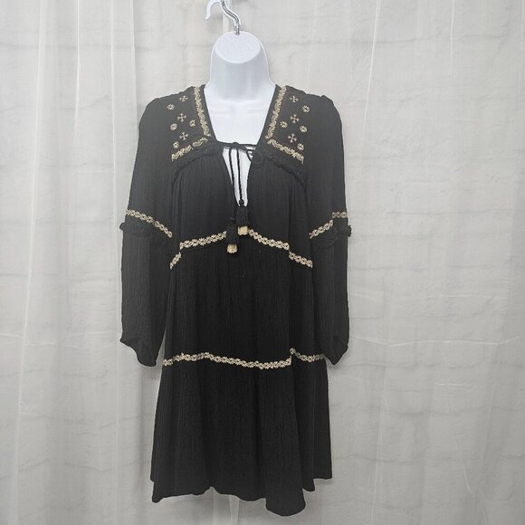 American Eagle Black Tan Peasant Blouse Boho Hippie Festival Embroidered Tunic S - Picture 1 of 14